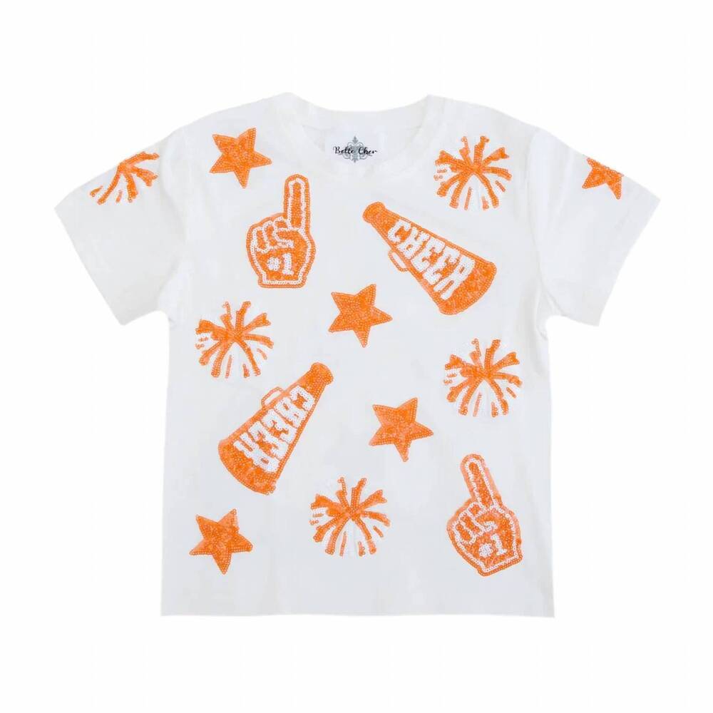 NEW BELLE CHER kids' sequin cheer shirt in orange / white